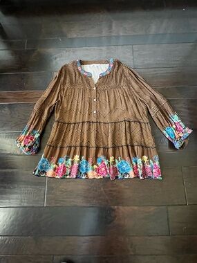 NWOT John Mark Brown embroidered tunic top; Size XL